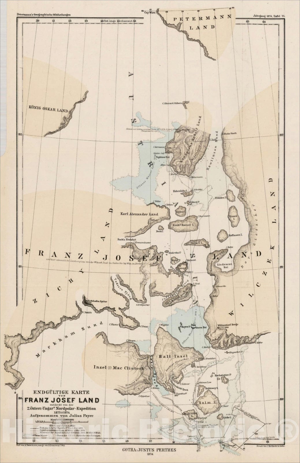 Historic Map : Endgultige Karte von Franz Josef-Land entdeckt von der 2. Osterr.-Ungarn. Nordpolar-Expedition 1873 & 1874 Aufgenommen von Julius Payer, 1876, Vintage Wall Art
