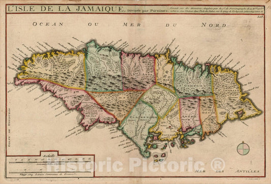 Historic Map : L'Isle de la Jamaique divisee par Paroisses, 1705, Nicolas de Fer, v2, Vintage Wall Art