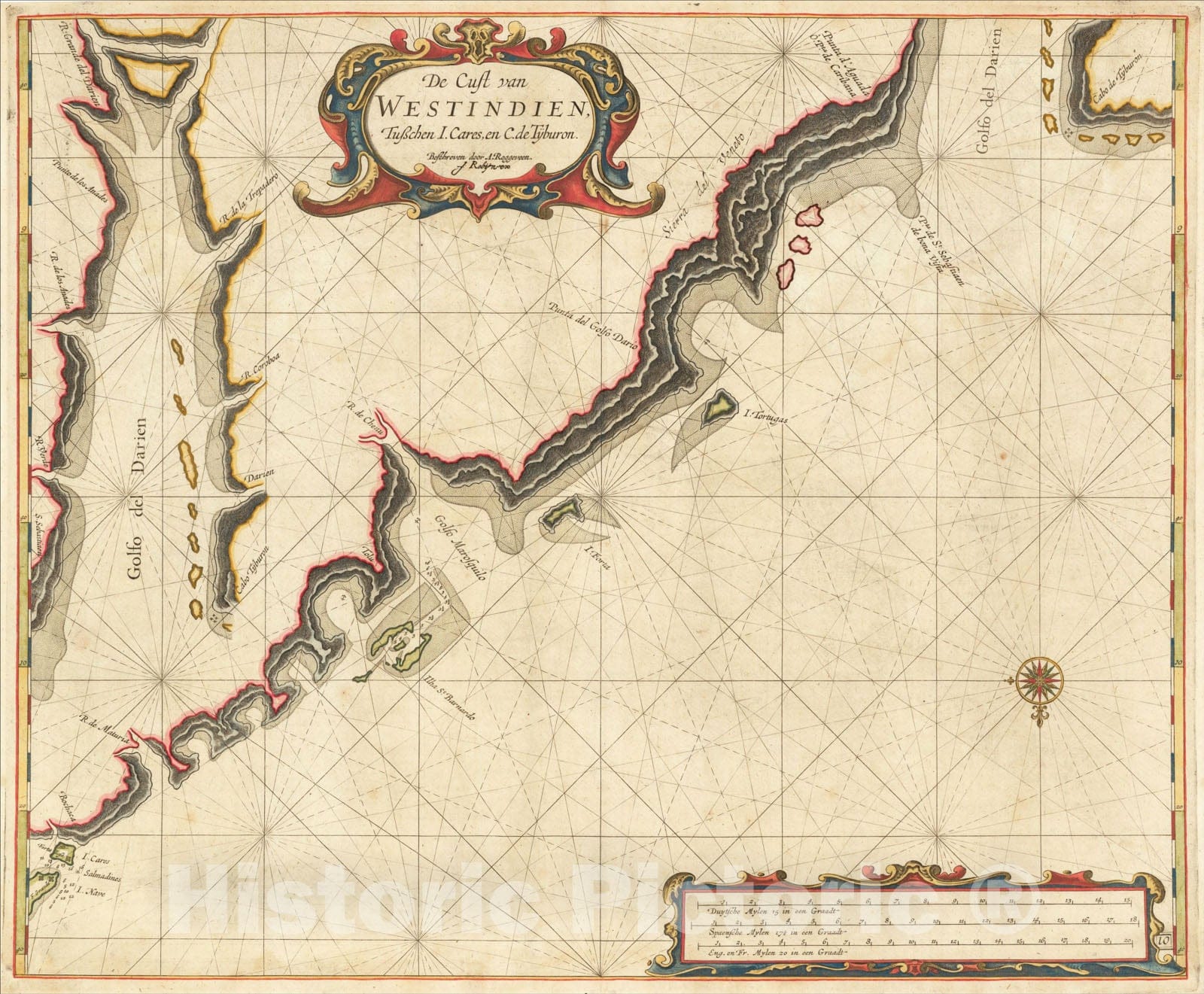 Historic Map : De Cust van Westindien Tusschen I Cares, en C.de Tijburon, 1675, Arent Roggeveen, Vintage Wall Art