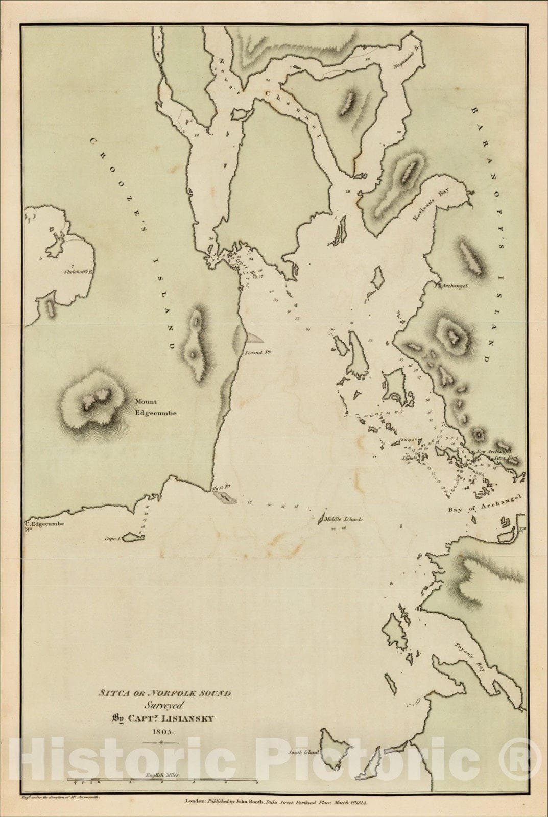 Historic Map : Sitca or Norfolk Sound Surveyed By Captn. Lisiansky 185, 1814, Yuri Federovich Lisiansky, Vintage Wall Art