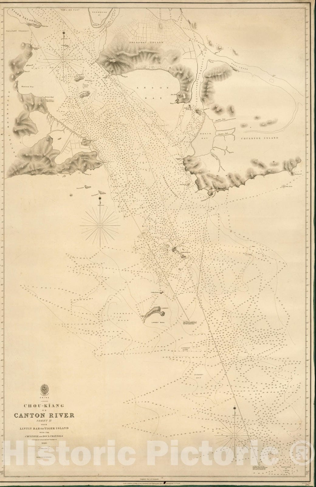 Historic Map : Chou-Kiang or Canton River Sheet II from Lintin Bar to Tiger Island Surveyed by Captn. Sir. Edward Belcher C.B. 184, 1846, British Admiralty, Vintage Wall Art