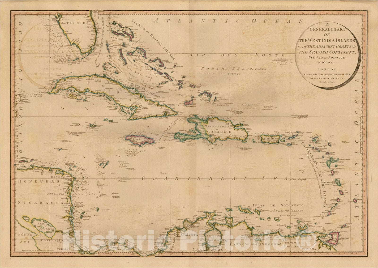Historic Map : A General Chart of The West India Islands with The Adjacent Coasts of the Spanish Continent, 1796, 1796, William Faden, Vintage Wall Art