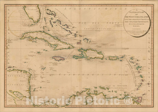 Historic Map : A General Chart of The West India Islands with The Adjacent Coasts of the Spanish Continent, 1796, 1796, William Faden, Vintage Wall Art