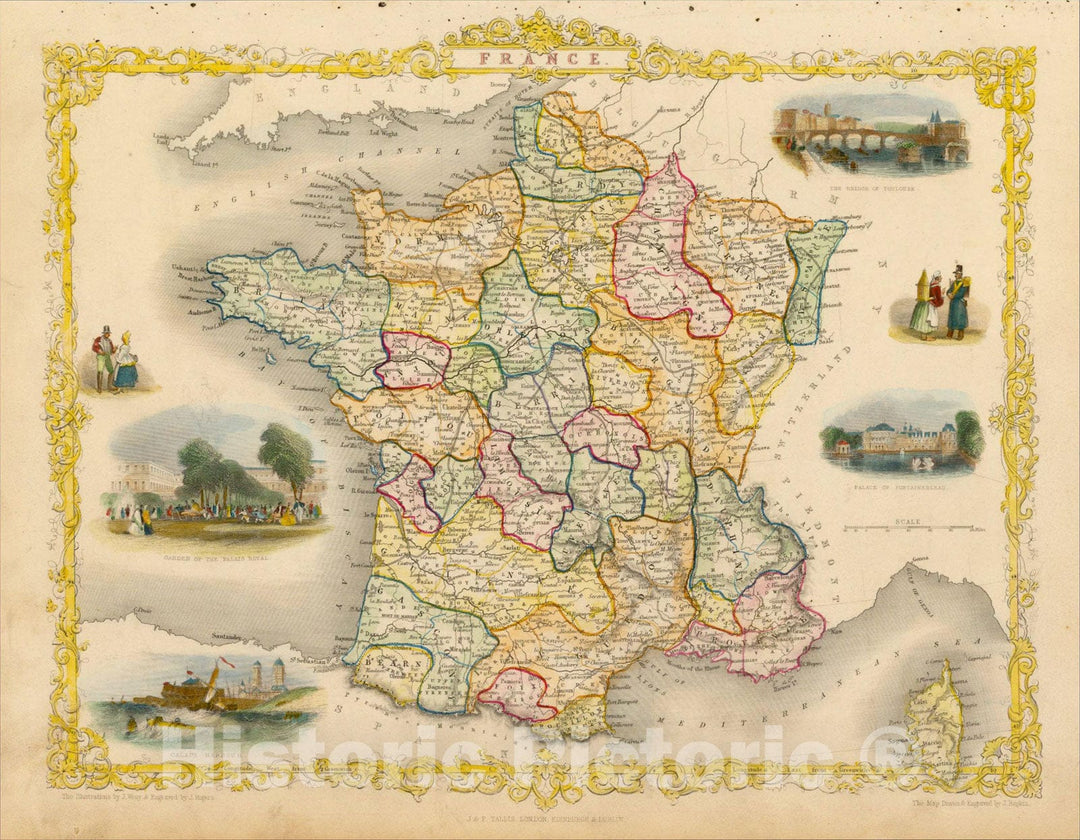 Historic Map : France, 1851, John Tallis, v1, Vintage Wall Art