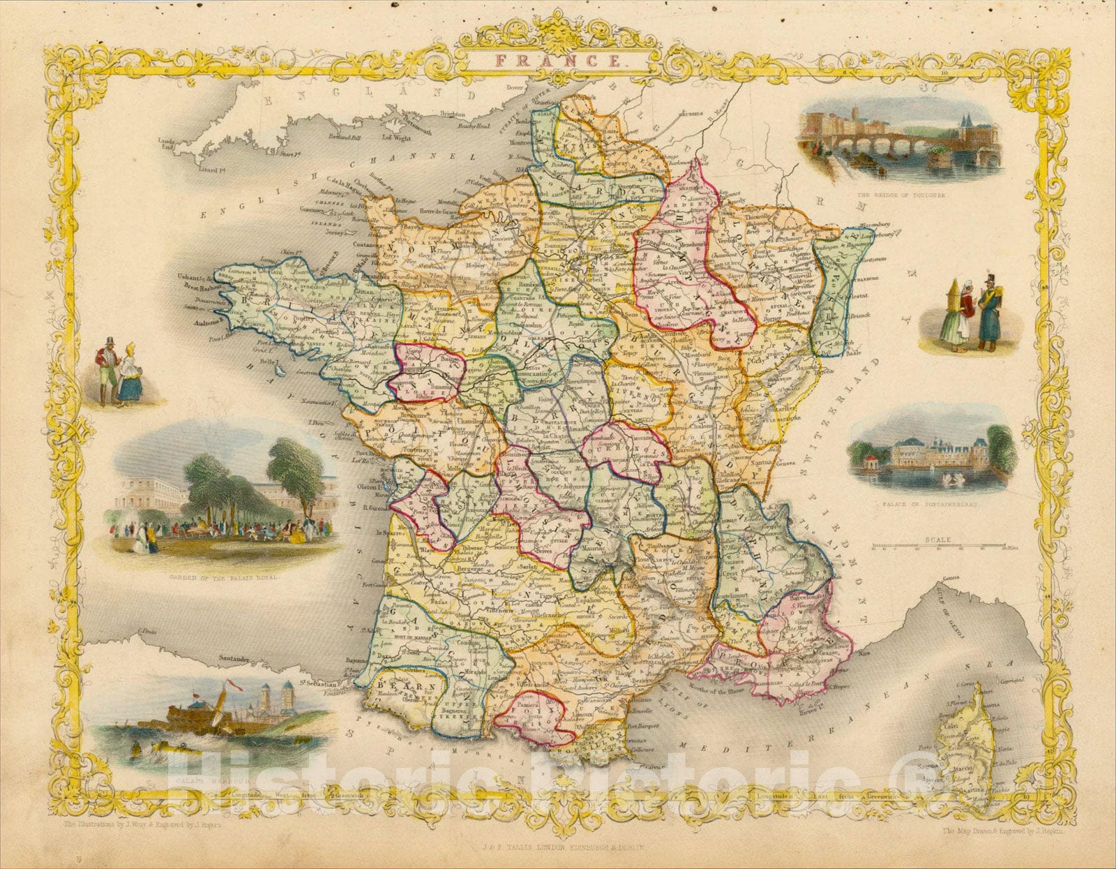 Historic Map : France, 1851, John Tallis, v1, Vintage Wall Art