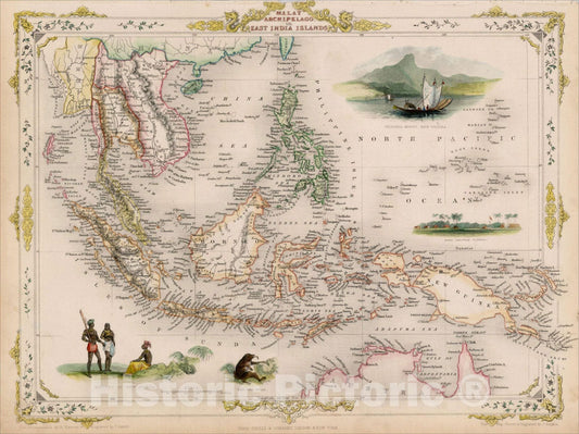 Historic Map : Malay Archipelago, or East India Islands, 1851, John Tallis, v4, Vintage Wall Art
