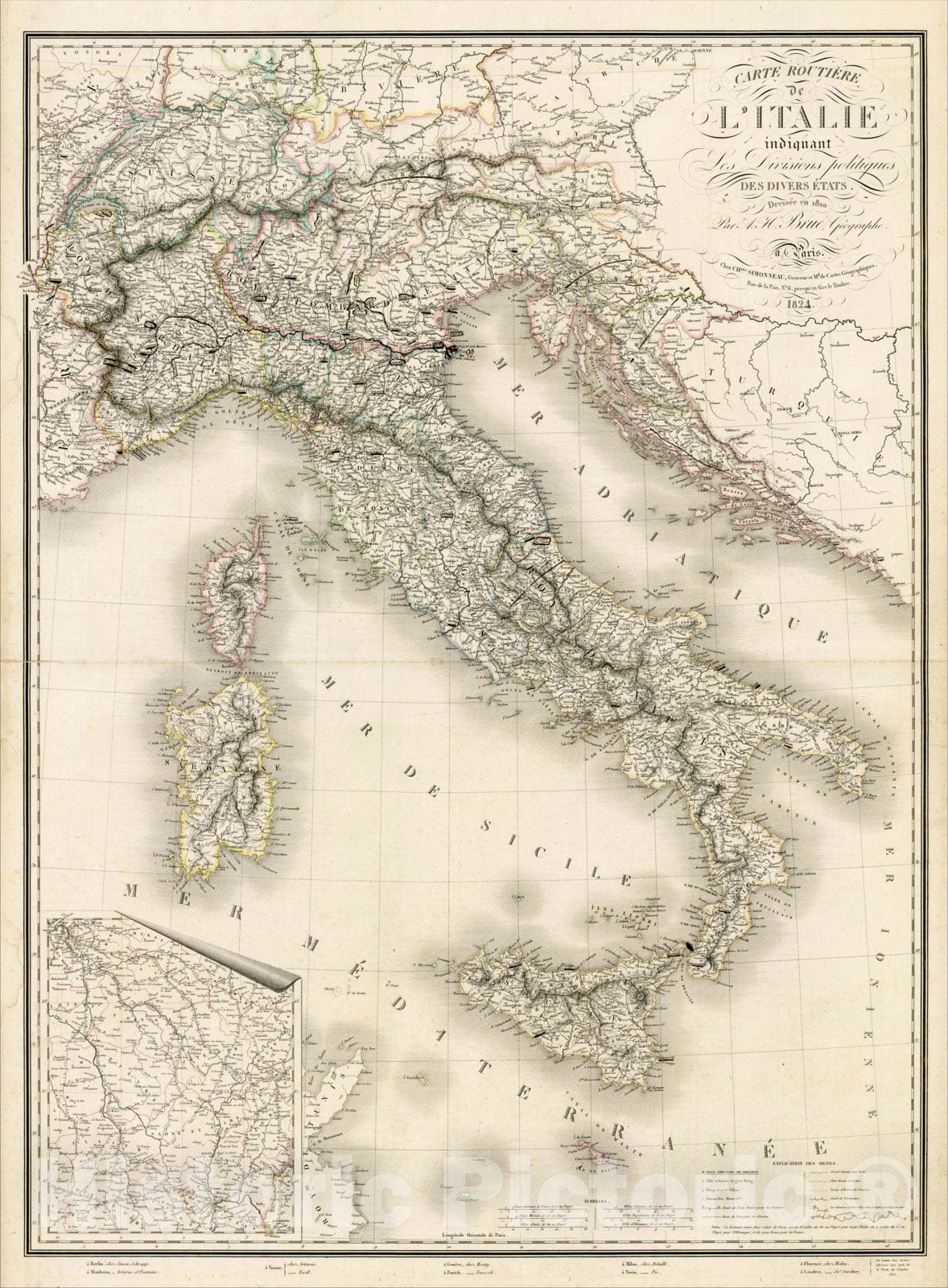 Historic Map : Carte Routiere de L'Italie indiquant Les Divisions politiques Des Divers Estats Dressee en 1820, 1824, 1824, , Vintage Wall Art