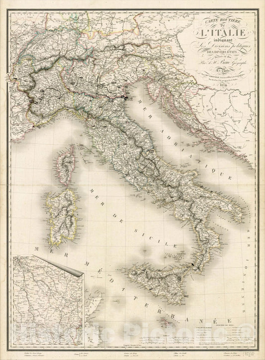 Historic Map : Carte Routiere de L'Italie indiquant Les Divisions politiques Des Divers Estats Dressee en 1820, 1824, 1824, , Vintage Wall Art