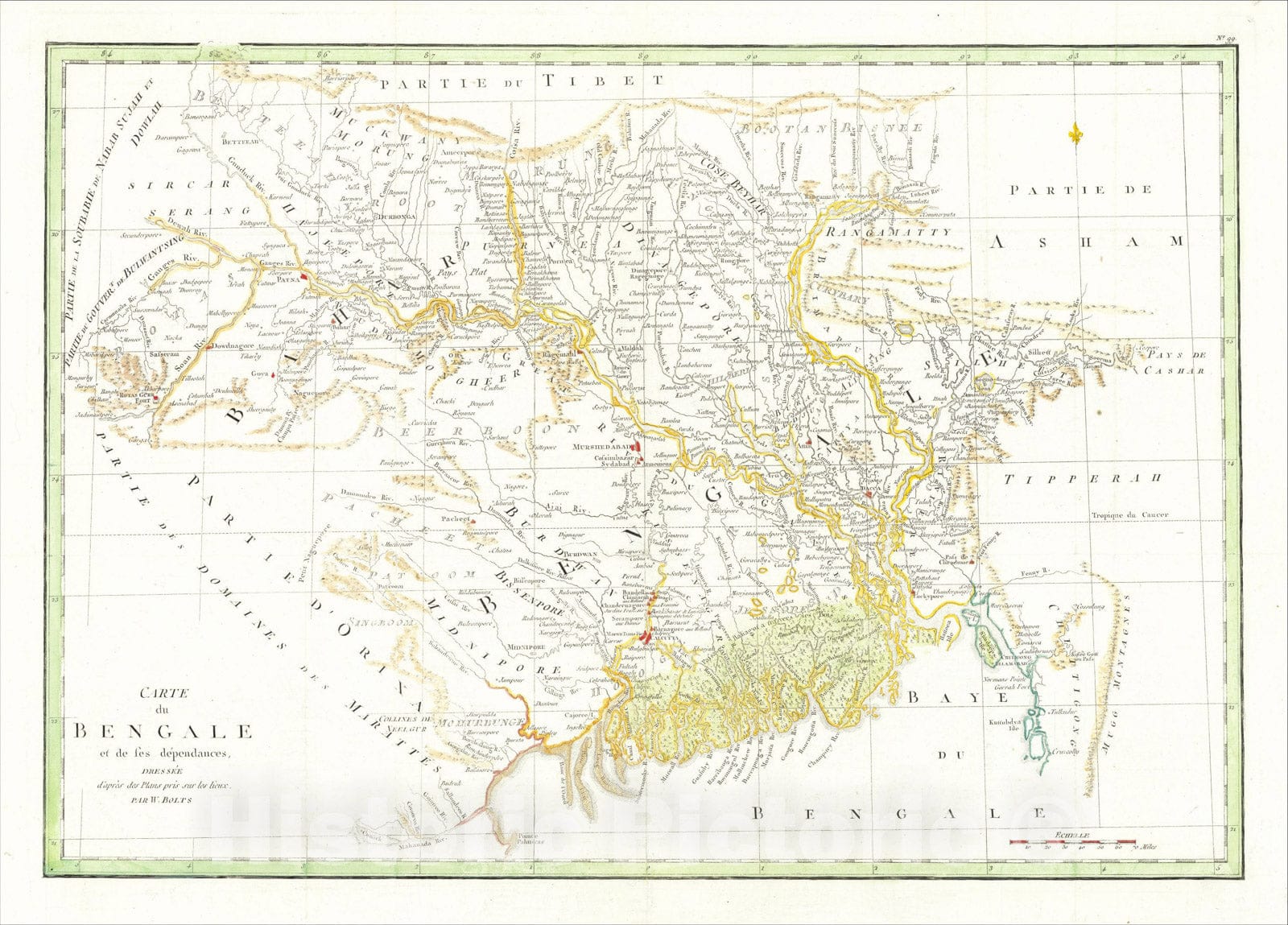 Historic Map : Carte du Bengale et de ses dependances, dressee d'apres des Plans pris sure les Lieux Par. W. Bolts., 1773, William Bolts, Vintage Wall Art