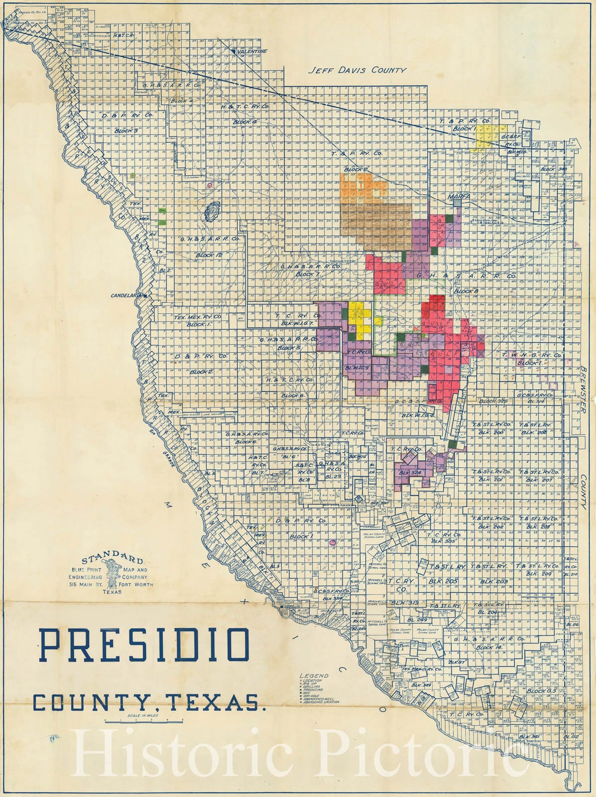 Historic Map : Presidio County, Texas, c1925, Standard Blue Print Map & Engineering Co., Vintage Wall Art