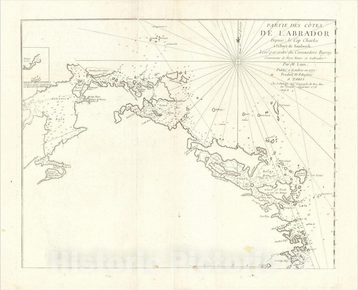 Historic Map : Partie Des Cotes De Labrador Depuis le Cap Charles a la Baye Sandwich Leve par ordre du Commodore Byron, 1778, 1778, George Louis Le Rouge, Vintage Wall Art