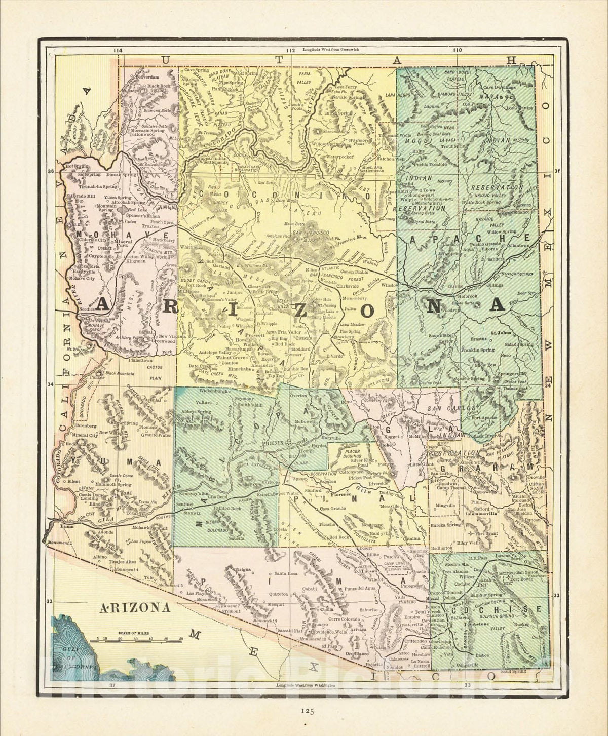Historic Map : Arizona, 1892, George F. Cram, Vintage Wall Art