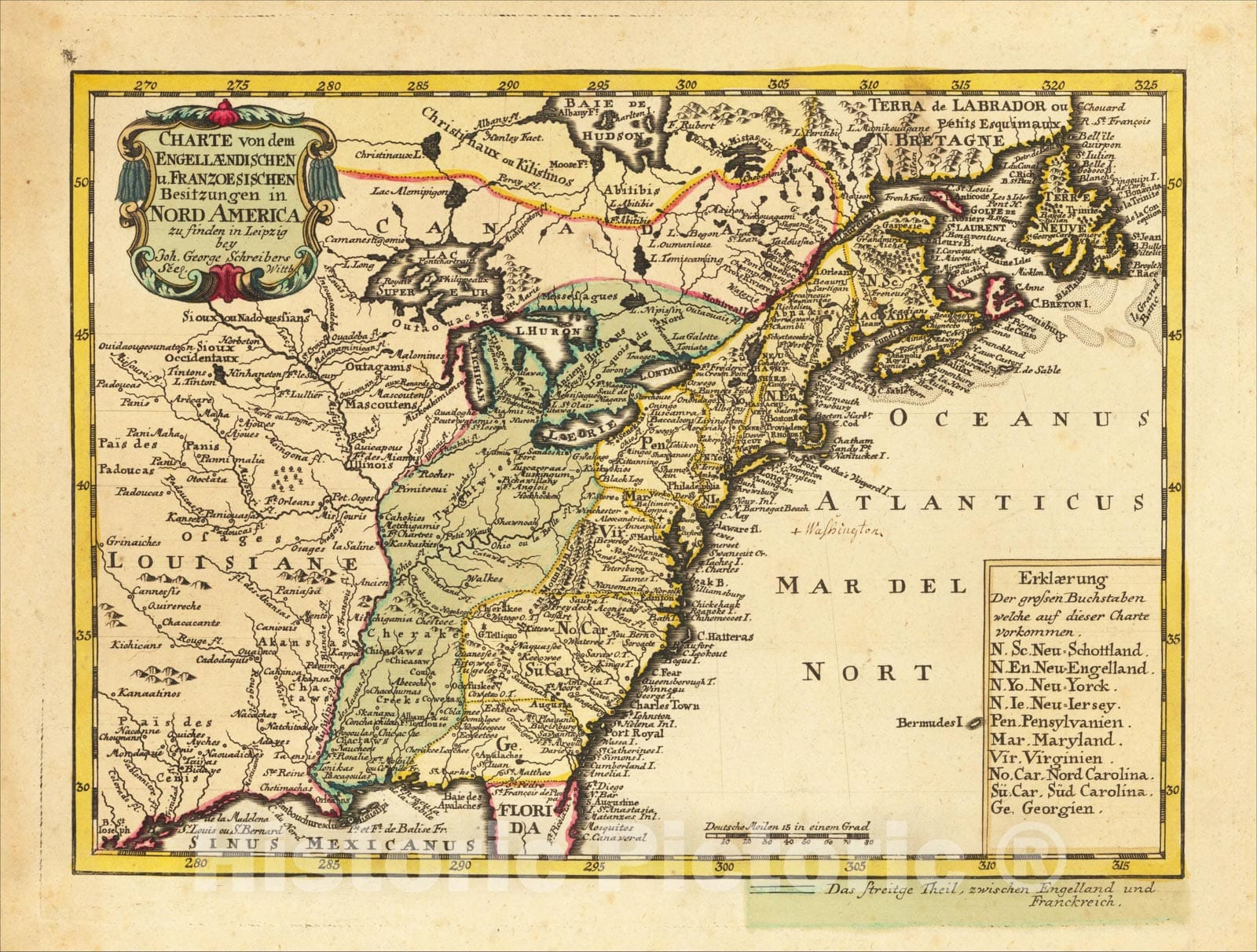 Historic Map : Charte von dem Engellaendischen u. Franzoesischen Besitzungen in Nord America?, 1755, Johann George Schreiber, Vintage Wall Art