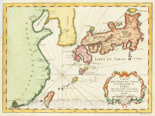 Historic Map : Carte Des Isles Du Japon Et la Presqu' Isle De Coree Avec les Costes De La Chine Depusi Pekin, 1746, Jacques Nicolas Bellin, v1, Vintage Wall Art