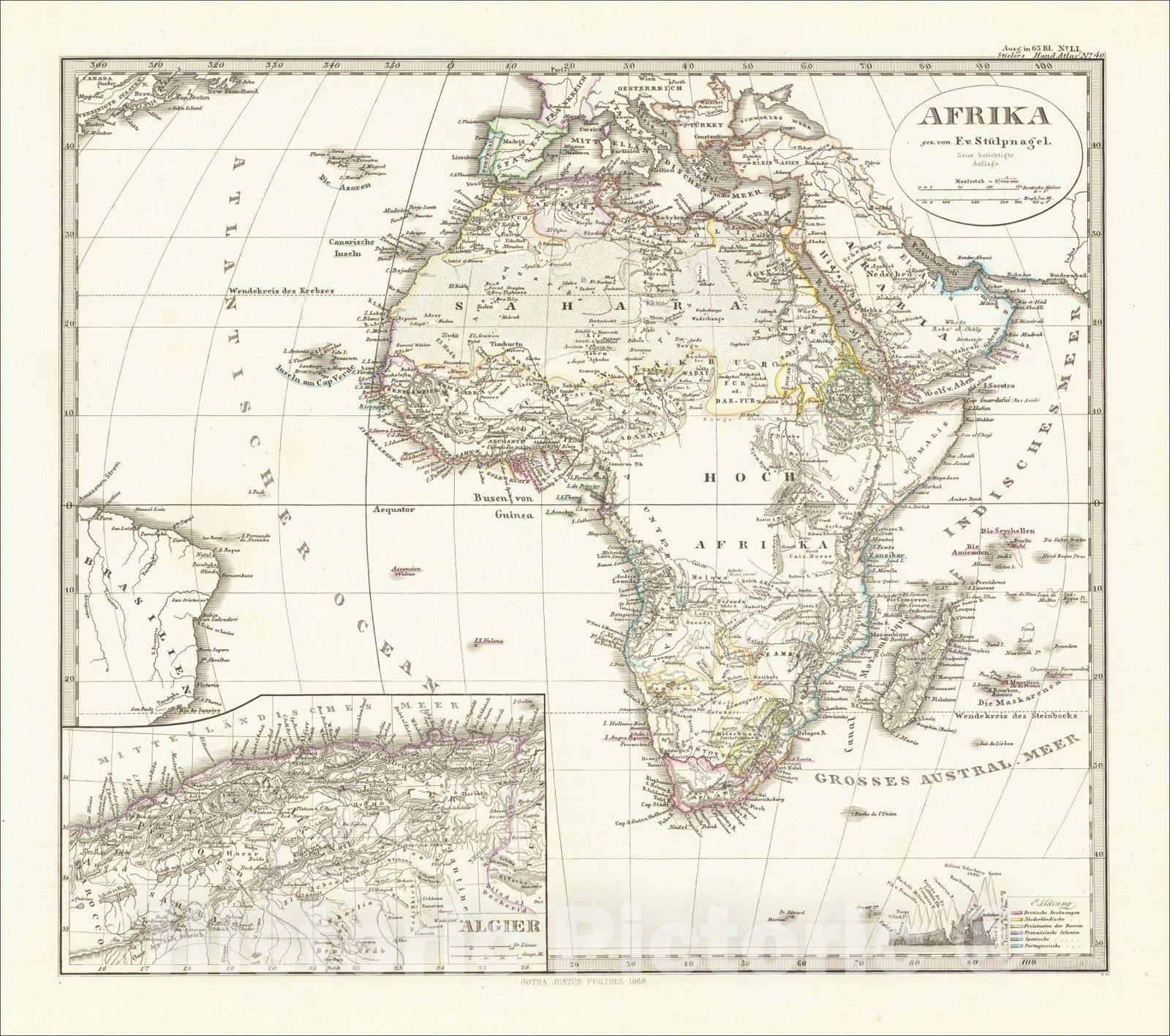 Historic Map : Afrika gez. von F..V. Stulpnagel, 1869, Augustus Stieler, Vintage Wall Art