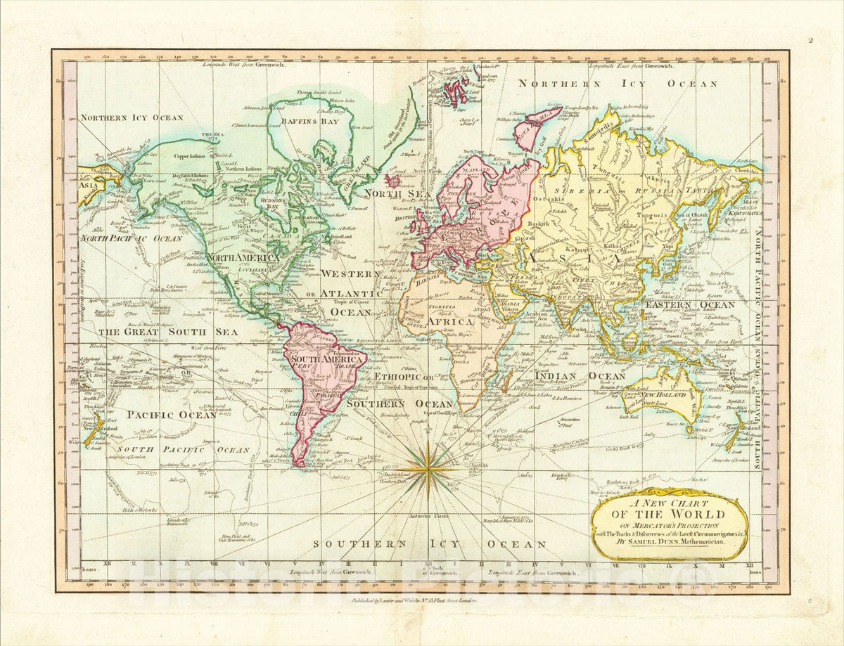 Historic Map : A New Chart of the World on Mercator's Projection with The Tracks & Discoveries of the Latest Circumnavigators &c., 1790, Samuel Dunn, Vintage Wall Art