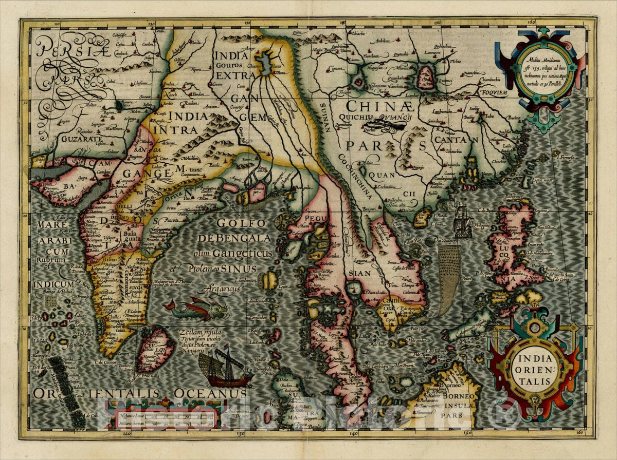 Historic Map : India Orientalis, 1606, Jodocus Hondius, Vintage Wall Art