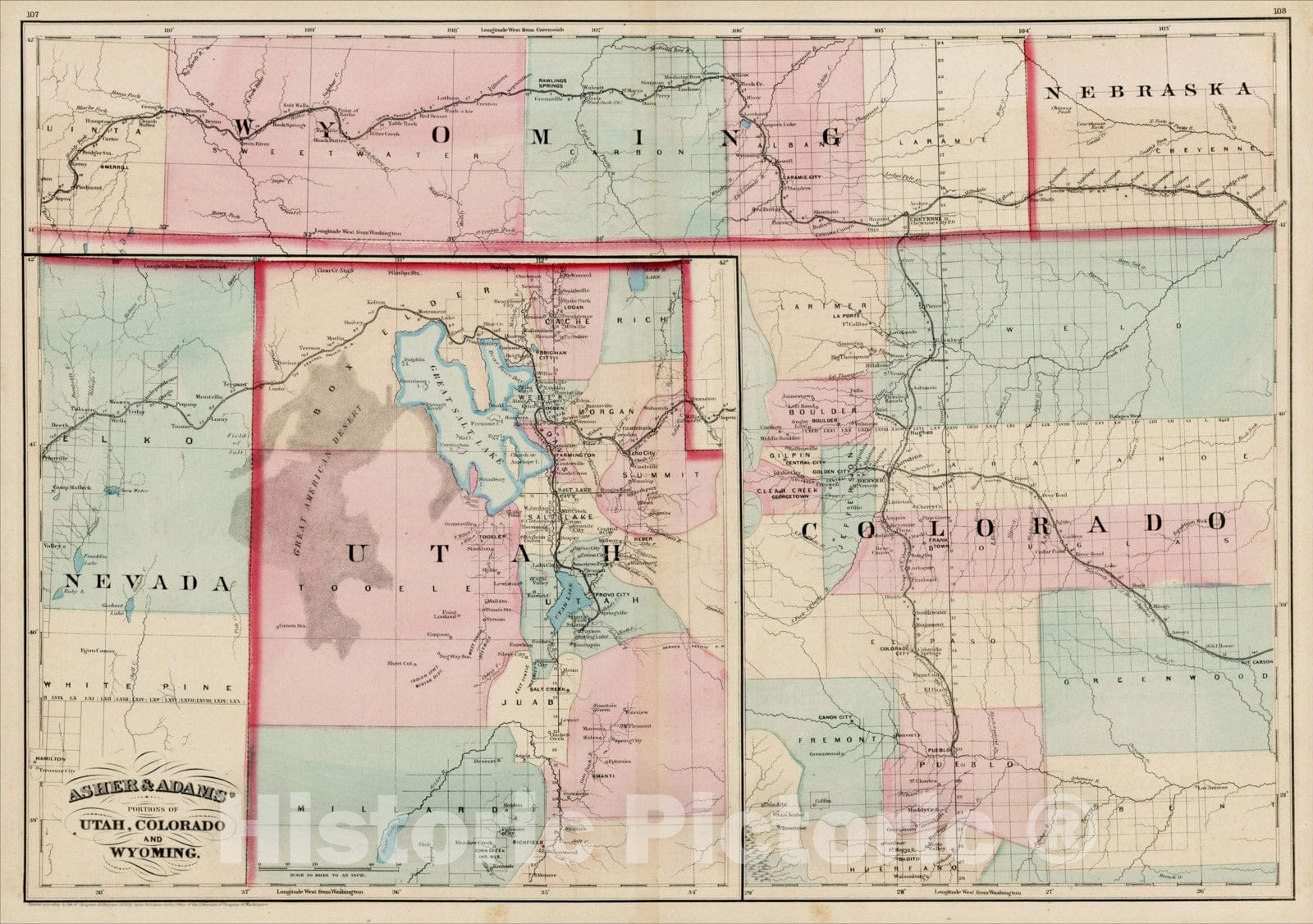 Historic Map : Asher & Adams' Portions Of Utah, Colorado and Wyoming., 1873, , Vintage Wall Art