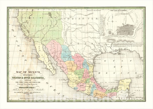Historic Map : Map of Mexico, Including Yucatan and Upper California, exhibiting The Chief Cities And Towns, The Principal Travelling Routes, 1846, 1846, v2, Vintage Wall Art