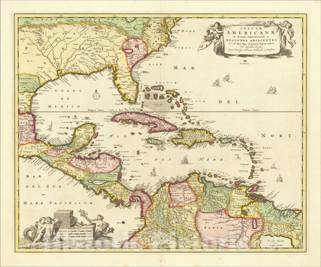 Historic Map : Insulae Americanae in Oceano Septentrionali ac Regiones Adiacentes, a C. de May usque ad Lineam Aequinoctialem , c1700, Vintage Wall Art