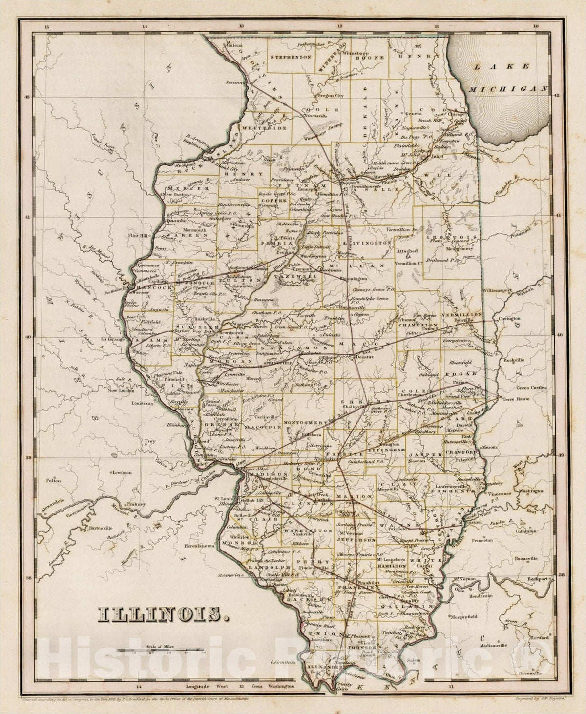 Historic Map : Illinois, 1838, Thomas Gamaliel Bradford, Vintage Wall Art