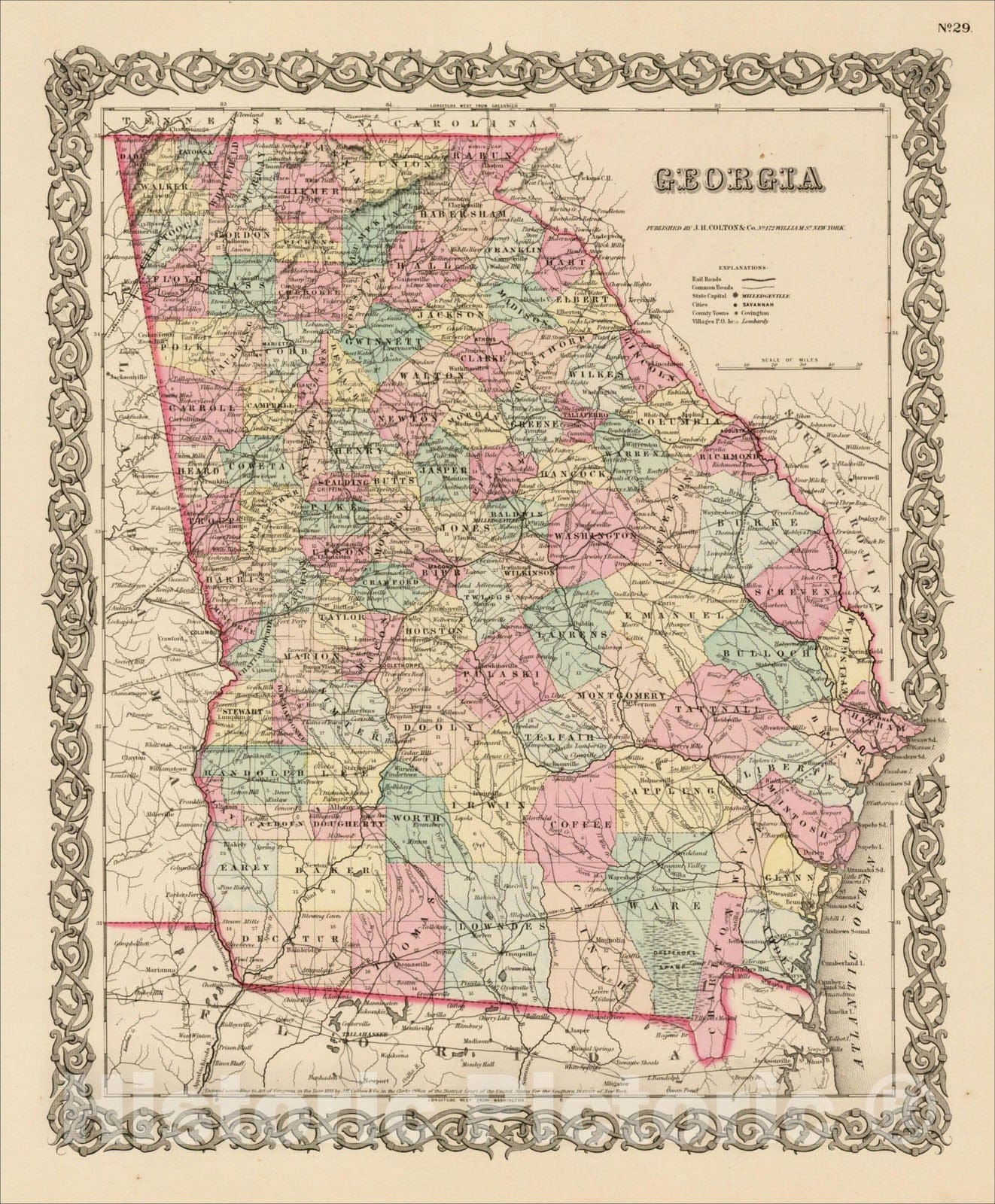 Historic Map : Georgia, 1856, G.W. & C.B. Colton, Vintage Wall Art