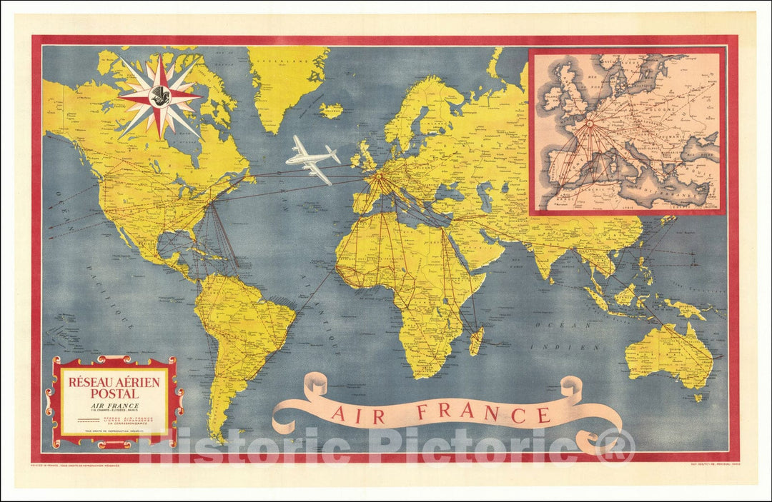 Historic Map : [World] Air France -- Reseau Aerien Postal, 1948, Atelier Perceval, Vintage Wall Art