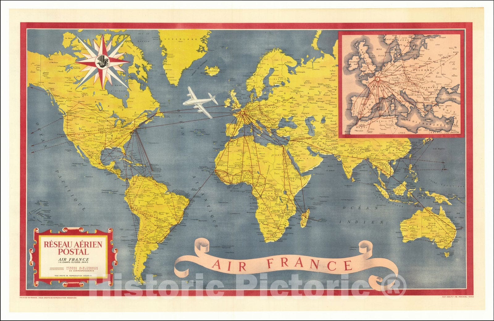 Historic Map : [World] Air France -- Reseau Aerien Postal, 1948, Atelier Perceval, Vintage Wall Art