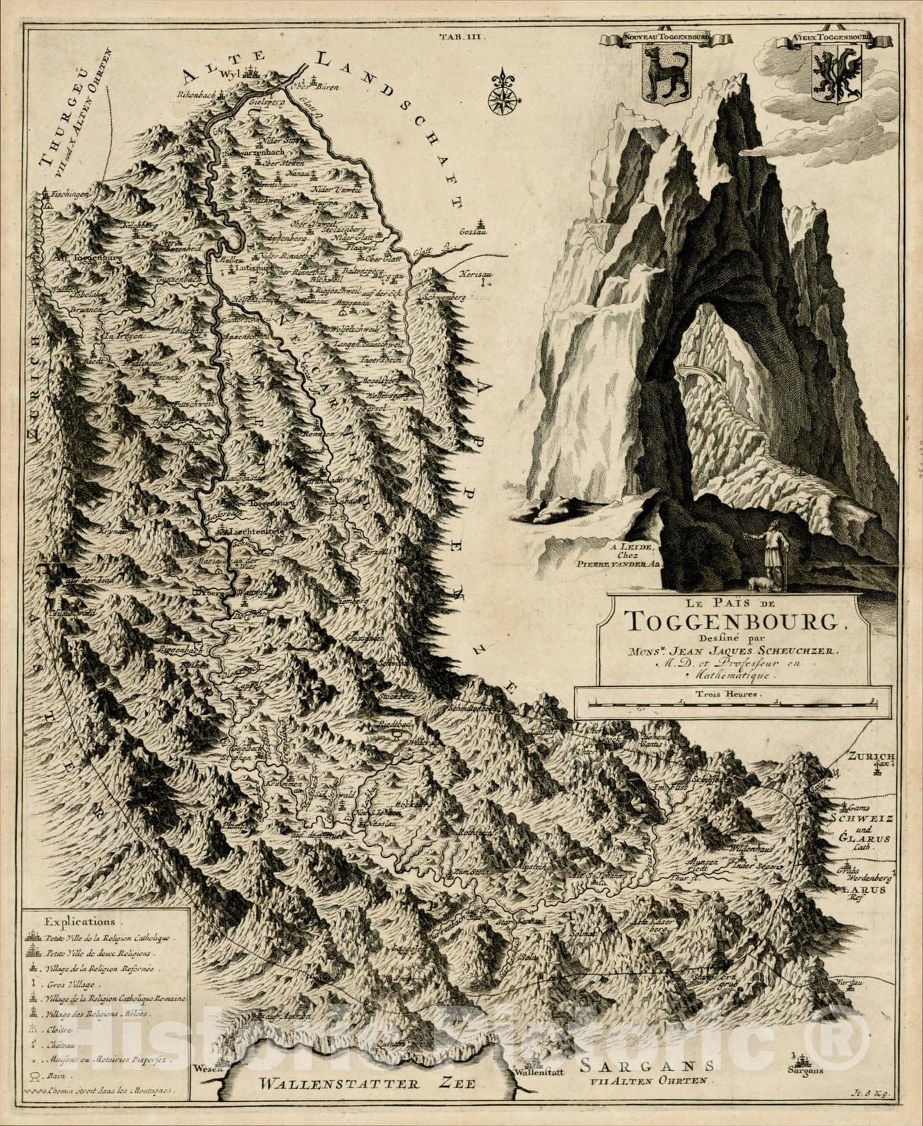 Historic Map : Le Pais de Toggenbourg, desine par Monsr. Jean Jacques Scheurchzer, c1720, , Vintage Wall Art