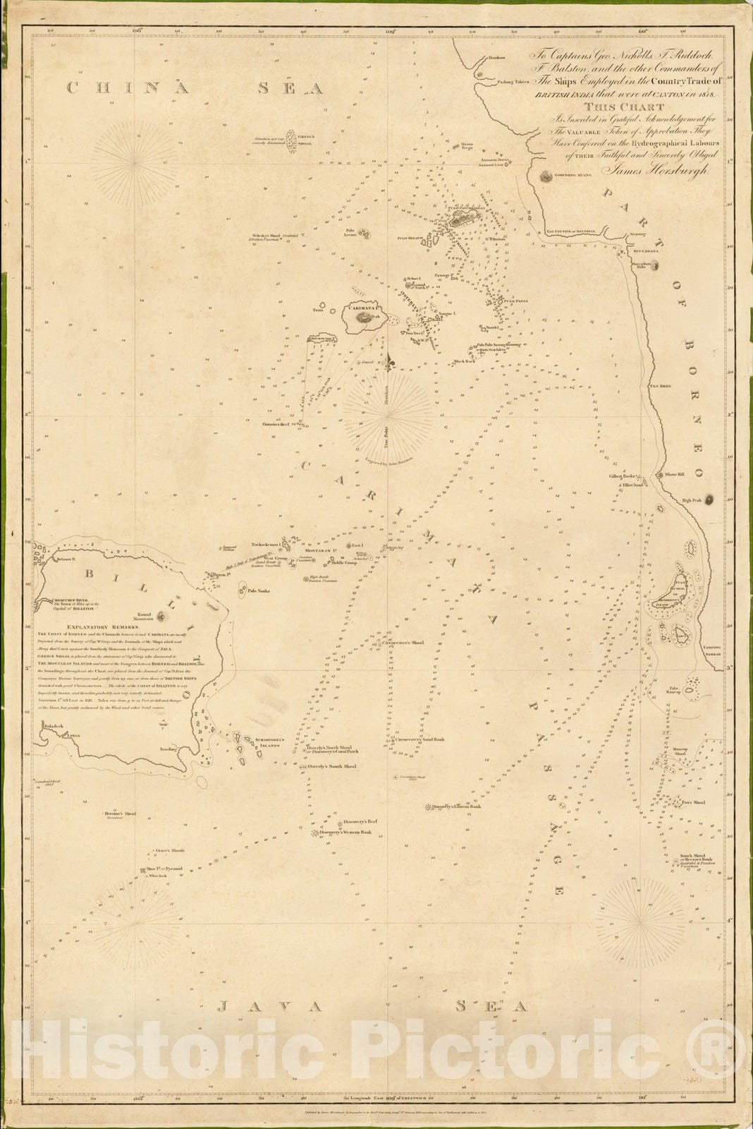 Historic Map : Western Borneo, Billiton, Carimata Passage, 1833, James Horsburgh, v1, Vintage Wall Art