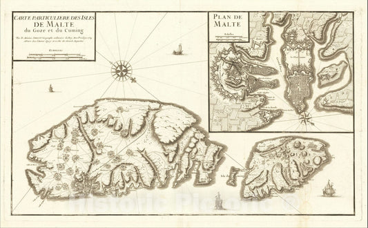 Historic Map : Carte Particuliere Des Isles de Malte du Goze et du Cuming, . 1734 , 1734, B. Antoine Jaillot, Vintage Wall Art