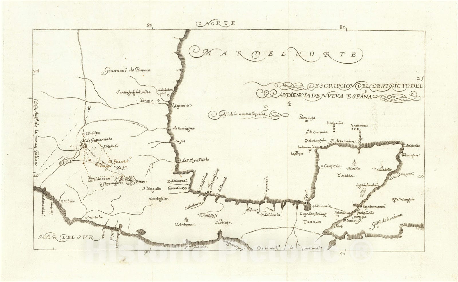 Historic Map : Descripcion Del Destricto Del Audiencia Nueva Espa?, 1664, Antonio de Herrera y Tordesillas, Vintage Wall Art