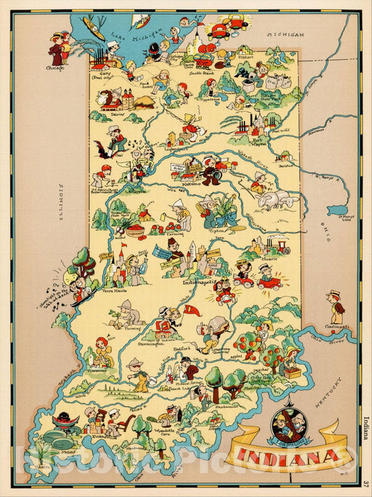 Historic Map : Indiana, 1935, Ruth Taylor White, Vintage Wall Art