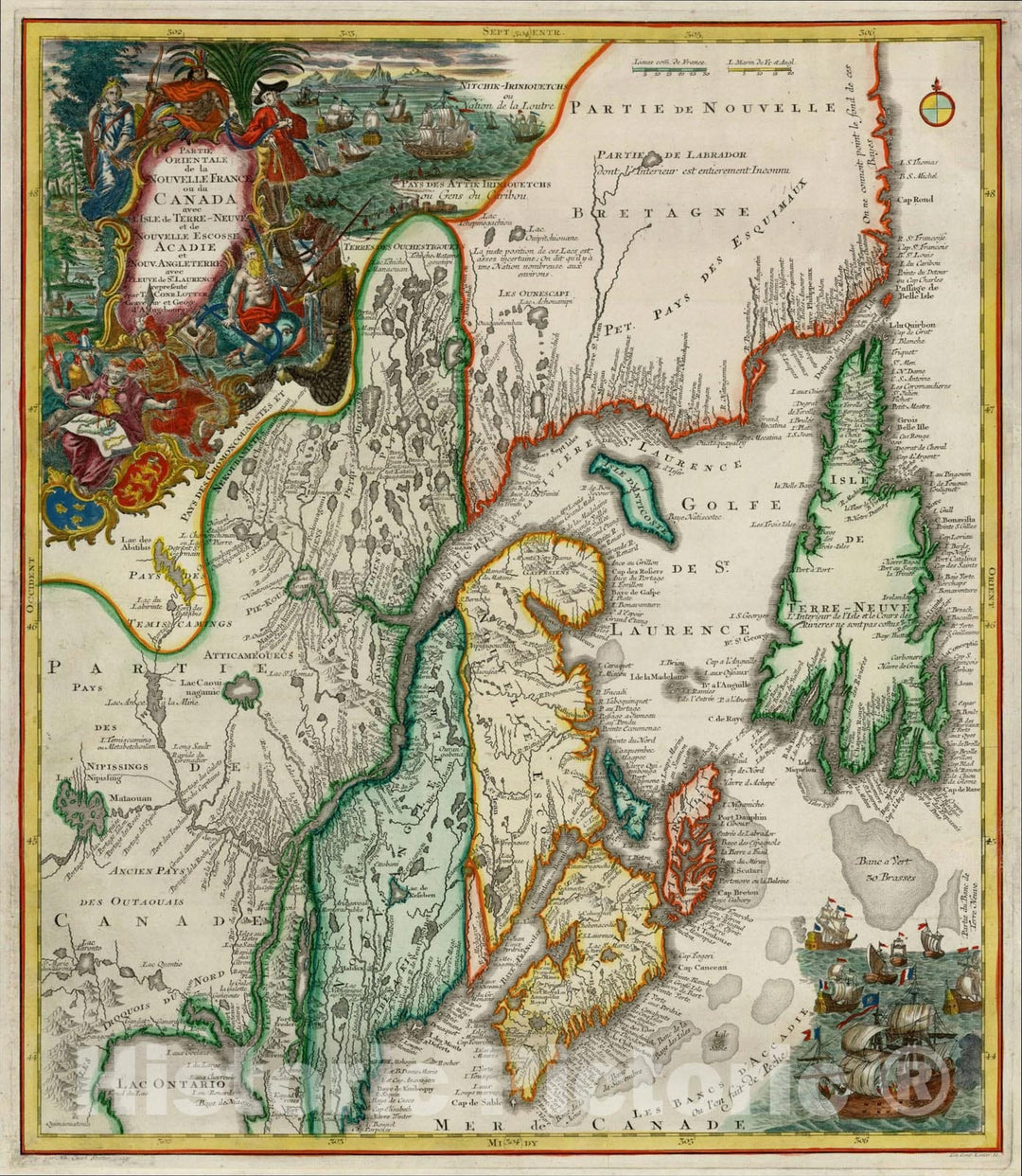 Historic Map : Partie Orientale de la Nouvelle France ou du Canada avec L'Isle de Terre-Neuve et de Nouvelle Escosse Acadie et Nouv, c1750, , Vintage Wall Art