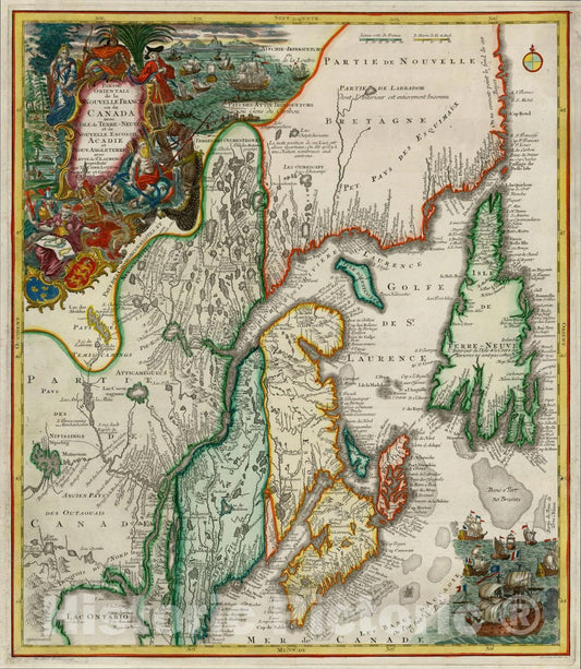 Historic Map : Partie Orientale de la Nouvelle France ou du Canada avec L'Isle de Terre-Neuve et de Nouvelle Escosse Acadie et Nouv, c1750, , Vintage Wall Art