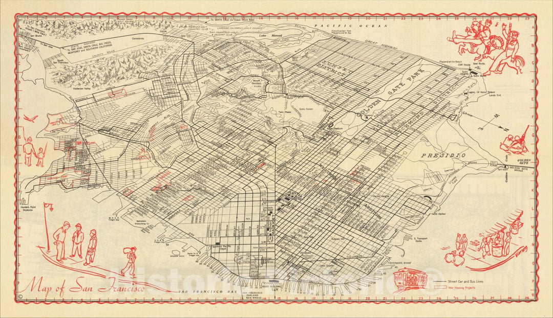 Historic Map : Map of San Francisco (Showing WWII War Housing Project Locations), 1944, James Ladd Delkin, Vintage Wall Art