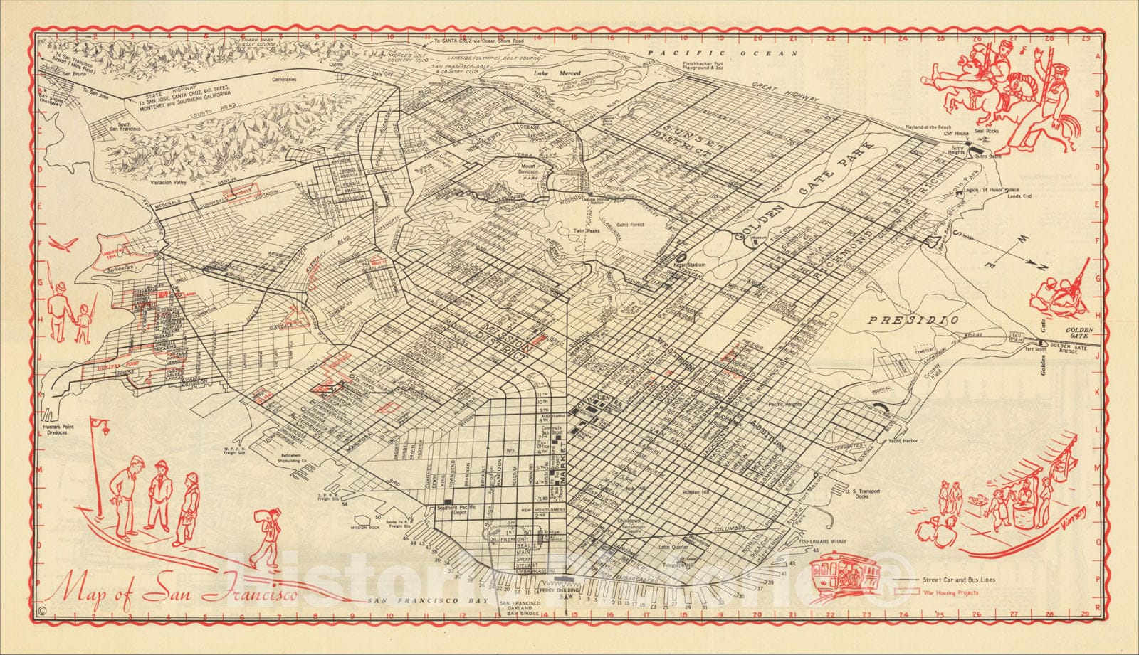Historic Map : Map of San Francisco (Showing WWII War Housing Project Locations), 1944, James Ladd Delkin, Vintage Wall Art