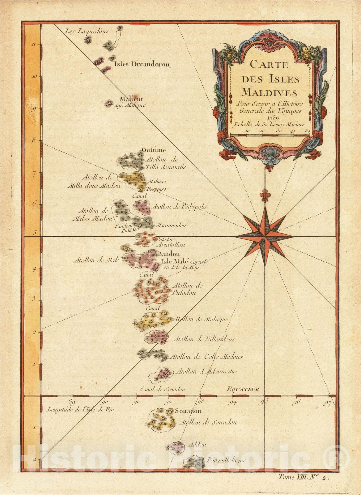 Historic Map : Carte Des Isles Maldives, 1750, 1757, Jacques Nicolas Bellin, Vintage Wall Art