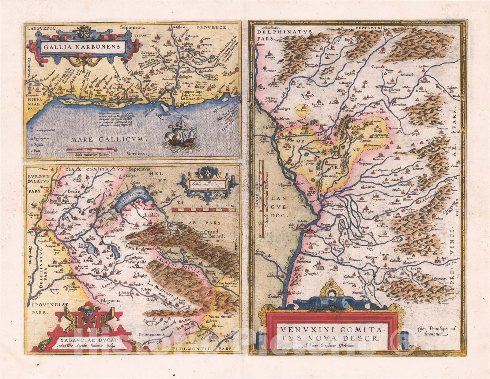 Historic Map : Gallia Narbonens [on sheet with] Savaudiae Ducat. [on sheet with] Venuxini Comitatus Descr., 1584, Abraham Ortelius, Vintage Wall Art