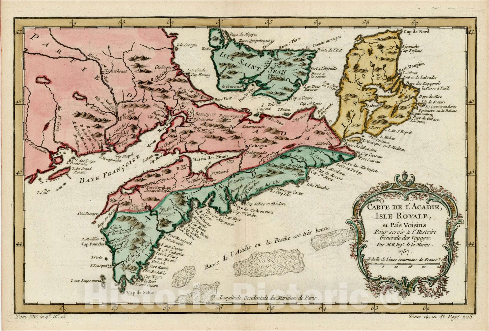 Historic Map : Carte De L'Acadie, Isle Royale, et Pais Voisins, 1757, 1757, Jacques Nicolas Bellin, Vintage Wall Art