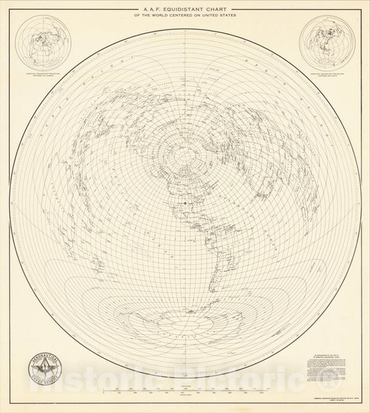 Historic Map : A. A. F. Equidistant Chart of the World Centered on the United States, 1947, U.S. Army Air Forces Aeronautical Chart Service, Vintage Wall Art