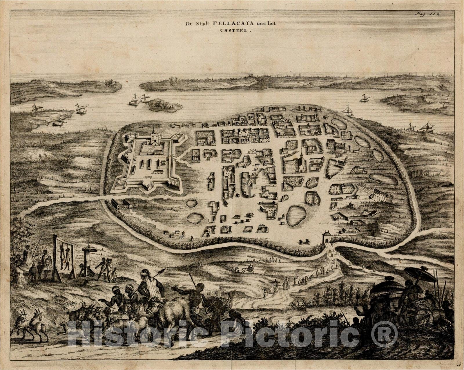 Historic Map : De Stadt Pellacata met het Casteel (Pulicat), 1662, , Vintage Wall Art