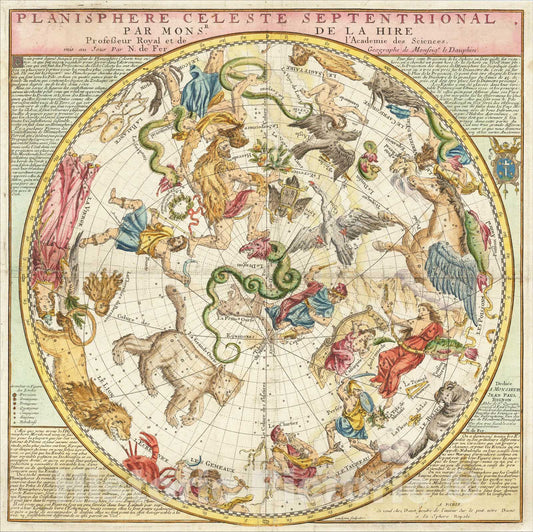Historic Map : Planisphere Celeste Septentrional Par Monsr. De La Hire, 1760, c1705, Nicolas de Fer, Vintage Wall Art