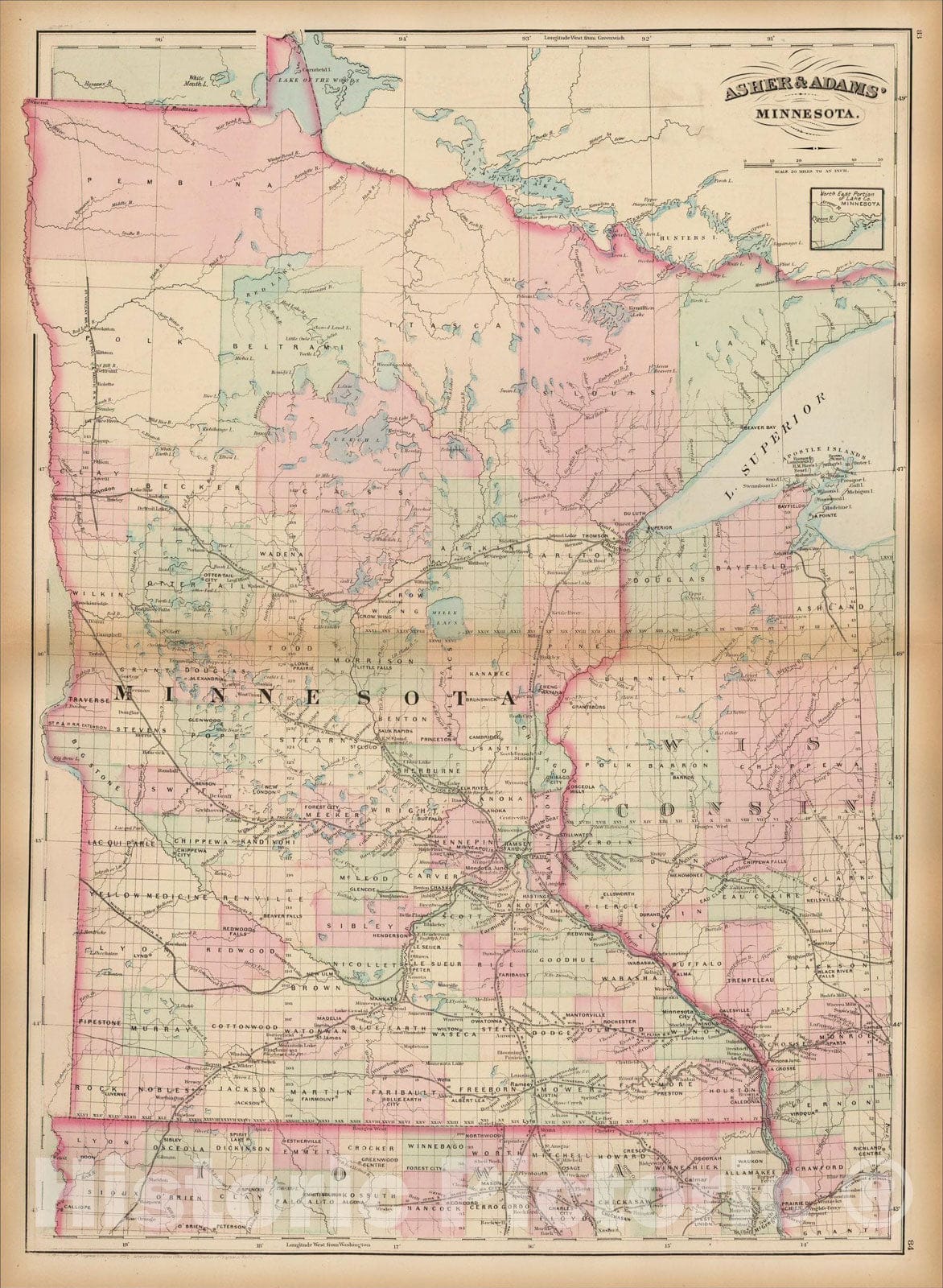 Historic Map : Asher and Adams' Minnesota, 1873, Asher, Vintage Wall Art
