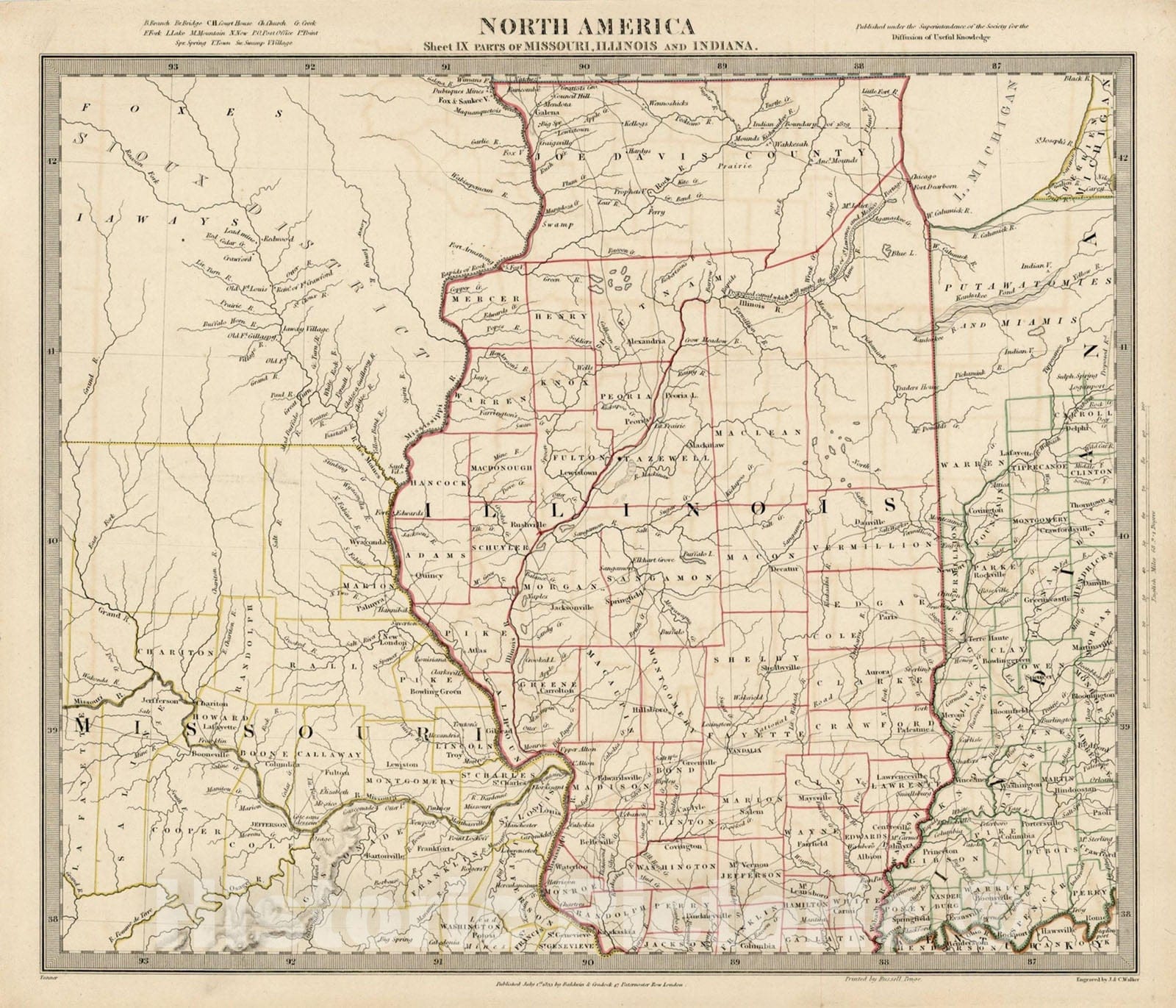 Historic Map : North America Sheet IX Parts of Missouri, Illinois and Indiana [and the Sioux District], 1833, SDUK, Vintage Wall Art