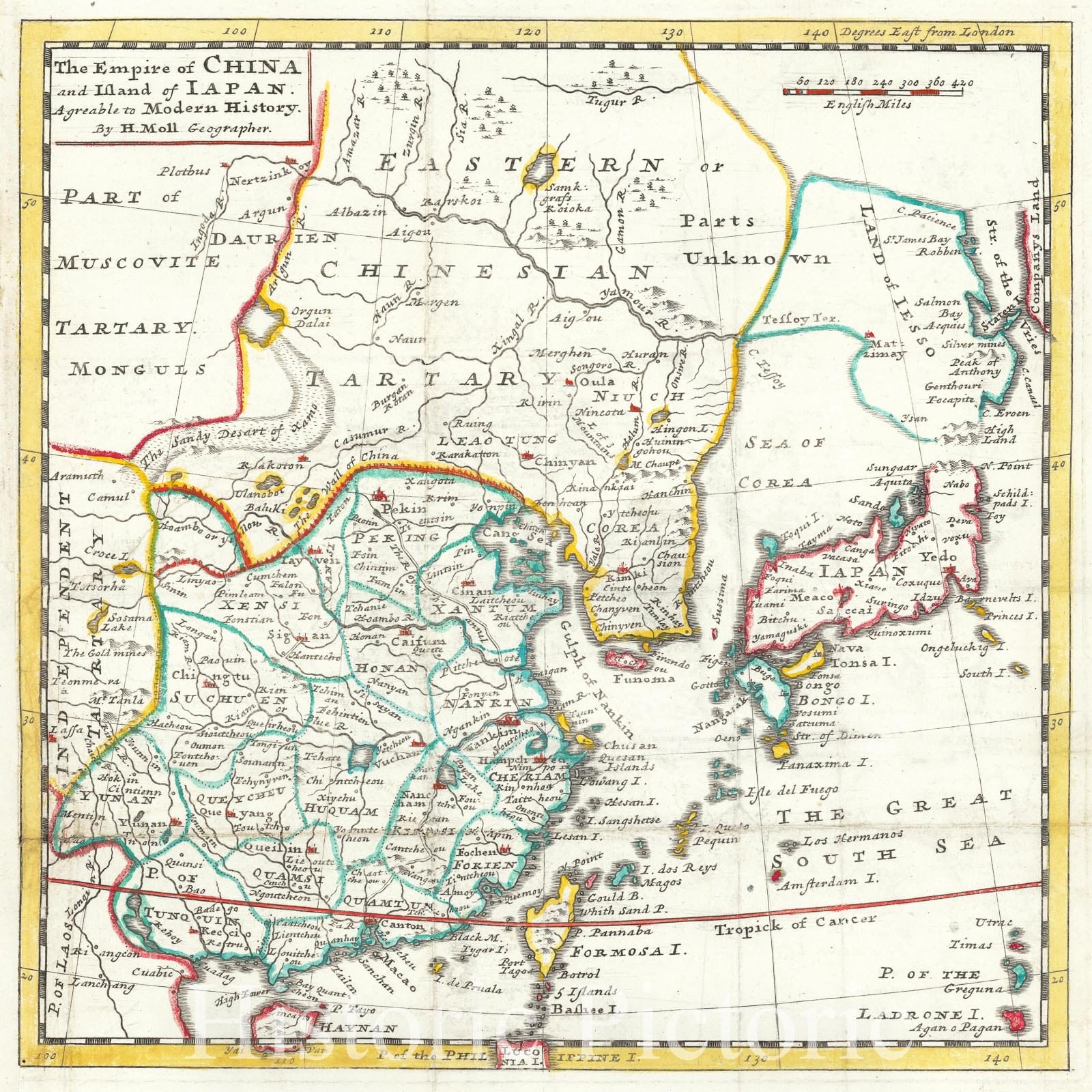 Historic Map : The Empire of China and Island of Iapan, Agreeable to Modern History, 1729, Herman Moll, Vintage Wall Art