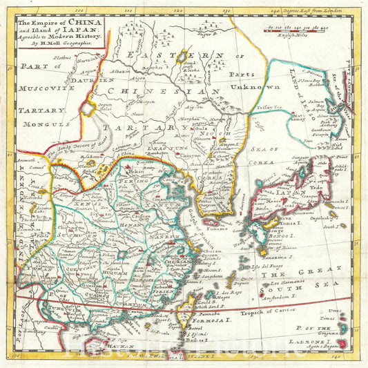 Historic Map : The Empire of China and Island of Iapan, Agreeable to Modern History, 1729, Herman Moll, Vintage Wall Art