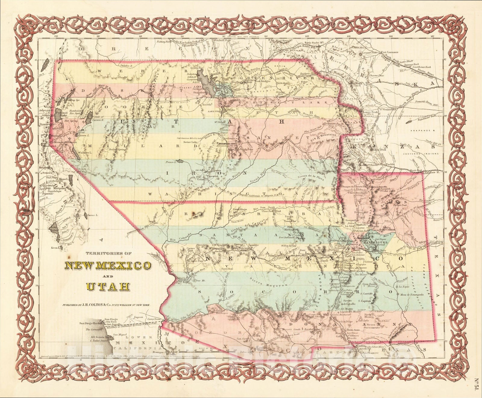 Historic Map : Territories of New Mexico and Utah, 1855, Joseph Hutchins Colton, Vintage Wall Art