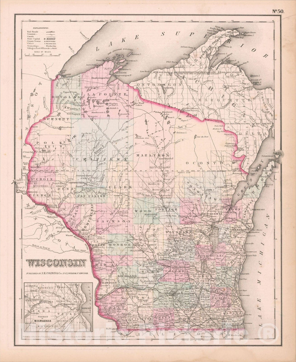 Historic Map : Wisconsin, 1858, Joseph Hutchins Colton, v1, Vintage Wall Art