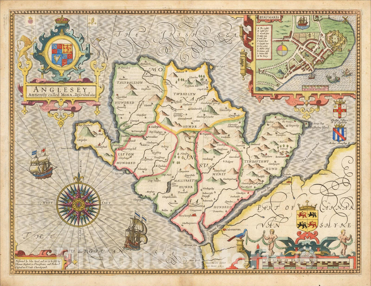 Historic Map : Anglesey Antiently called Mona. Described 1610., 1676, , Vintage Wall Art